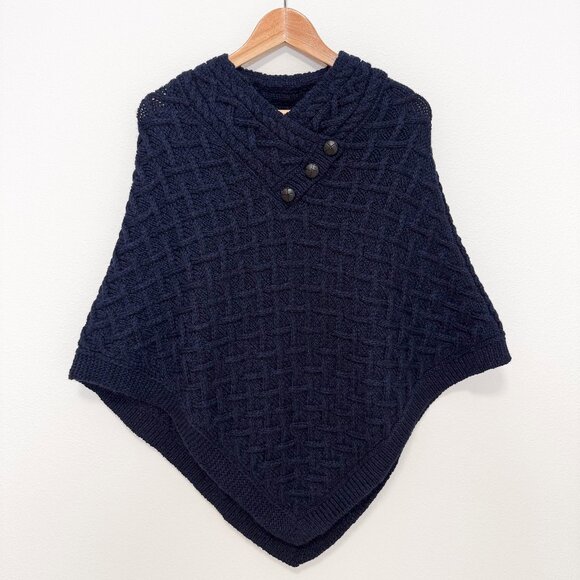 Nua Aran Crafts Dark Blue Merino Wool Cable Knit Poncho Size S/M - Picture 8 of 16